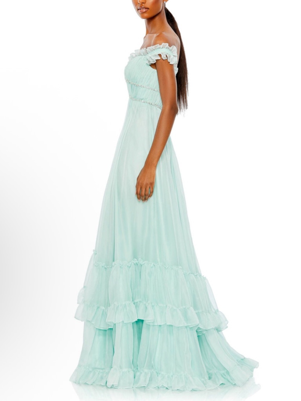 Mac Duggal Mint Green Off-Shoulder Ruffled Maxi Gown - Picture 3 of 8